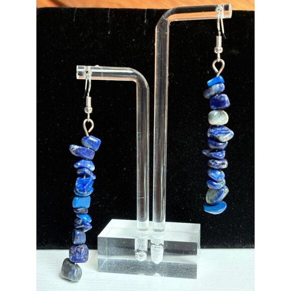 Natural Blue Lapis & Irregular Crystal Gravel Bead Earrings NWT - Picture 1 of 9